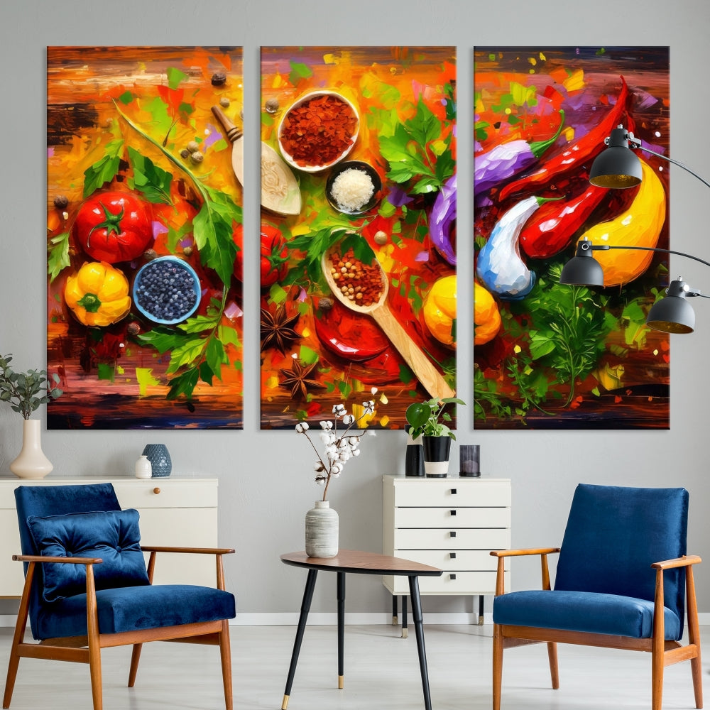 Modern Kitchen Wall Art Print, Colorful Fresh Vegetables Cooking Canvas Art, Restaurant Decor, Set of