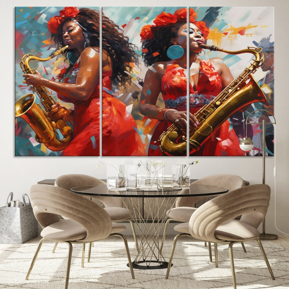 Saxophone Music Wall Art, Jazz Canvas Print, African American Woman Painting, Set of Print