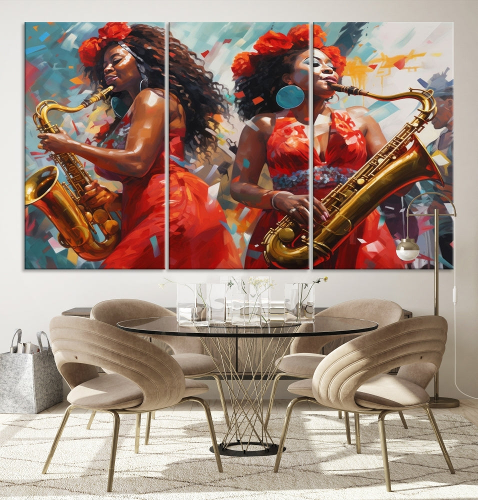 Saxophone Music Wall Art, Jazz Canvas Print, African American Woman Painting, Set of Print