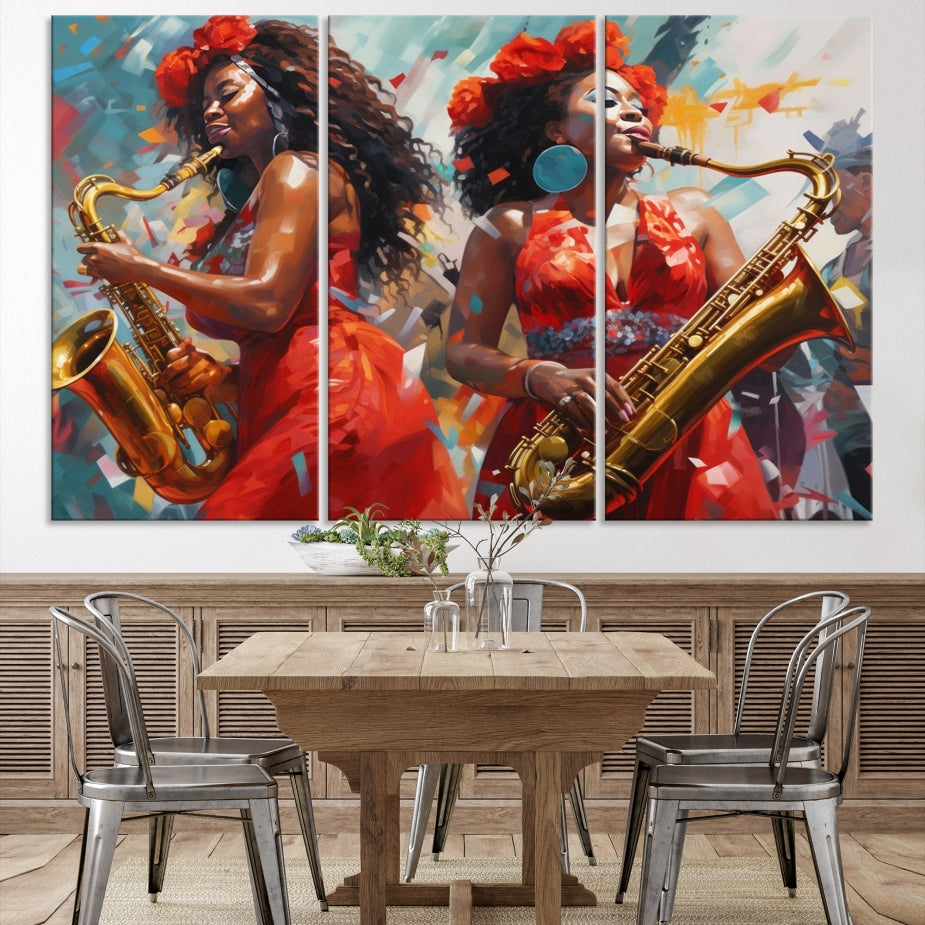 Saxophone Music Wall Art, Jazz Canvas Print, African American Woman Painting, Set of Print