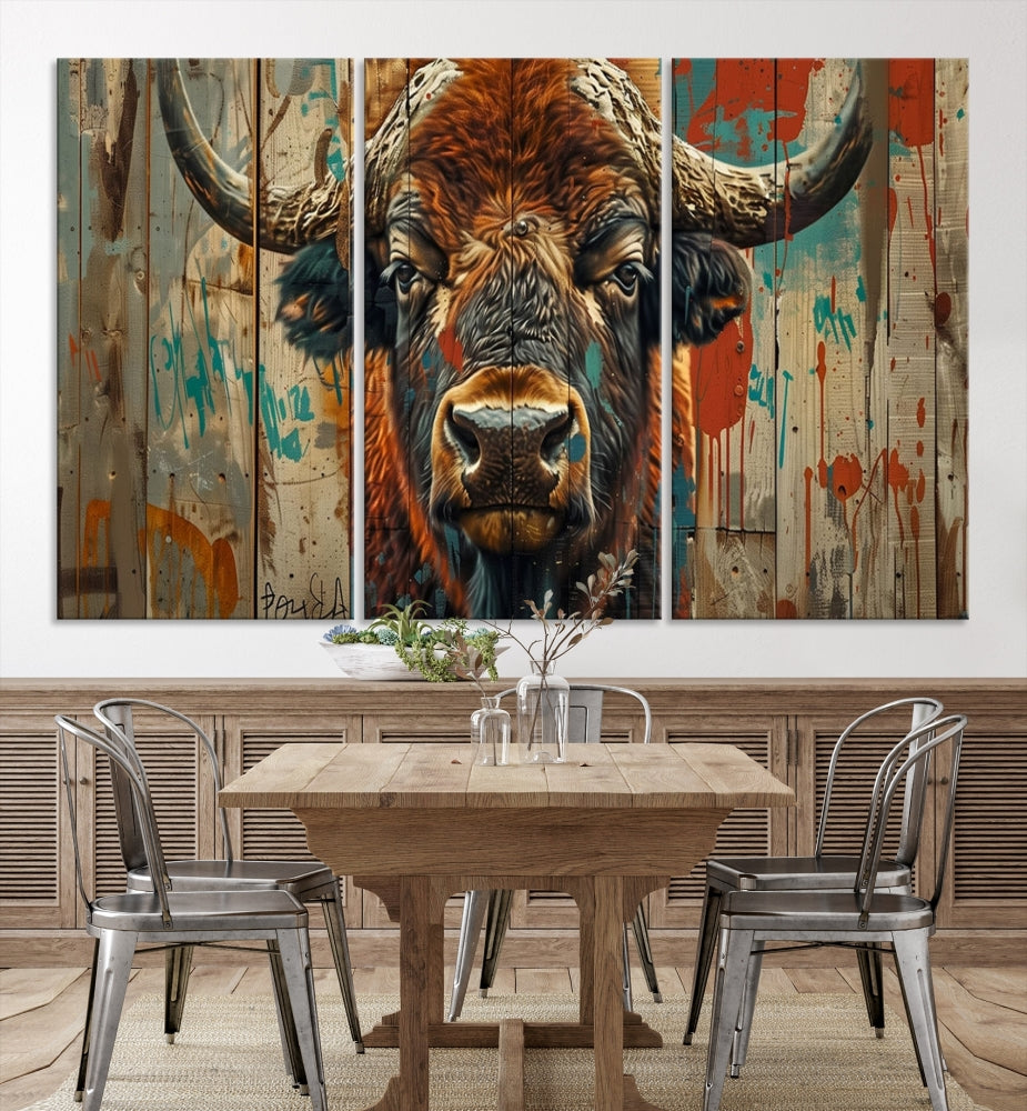 Vintage Buffalo Wall Decor Canvas Print Old Wood Background American Bison Wall Art