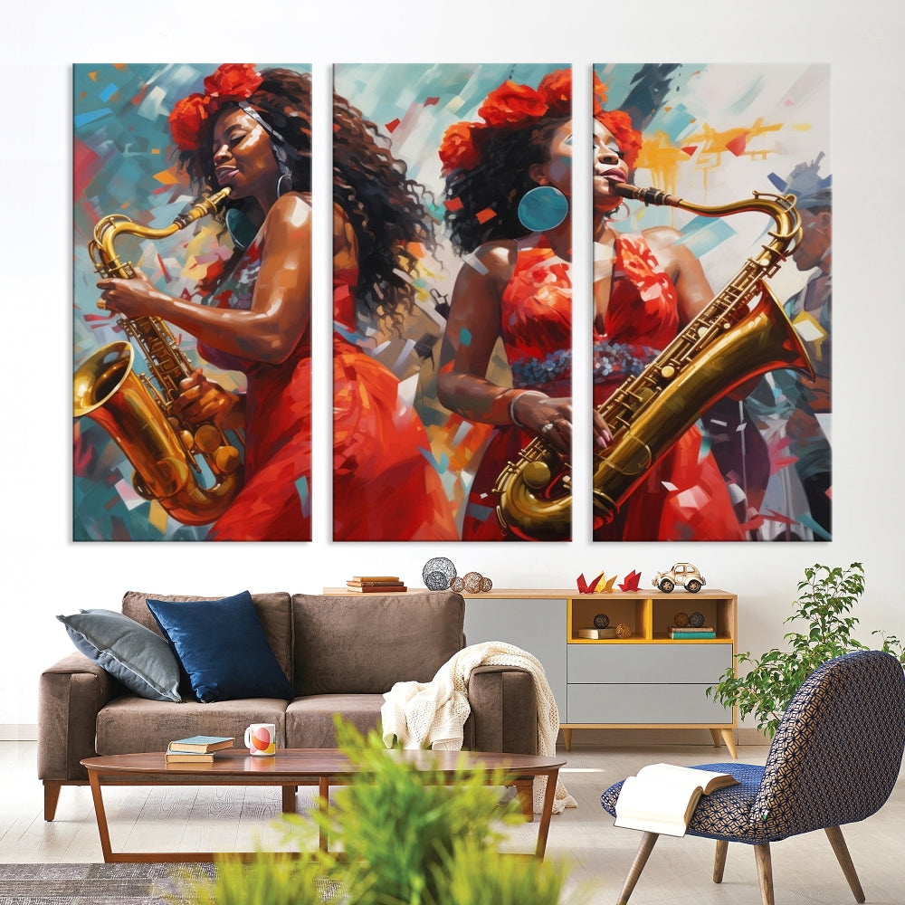 Saxophone Music Wall Art, Jazz Canvas Print, African American Woman Painting, Set of Print