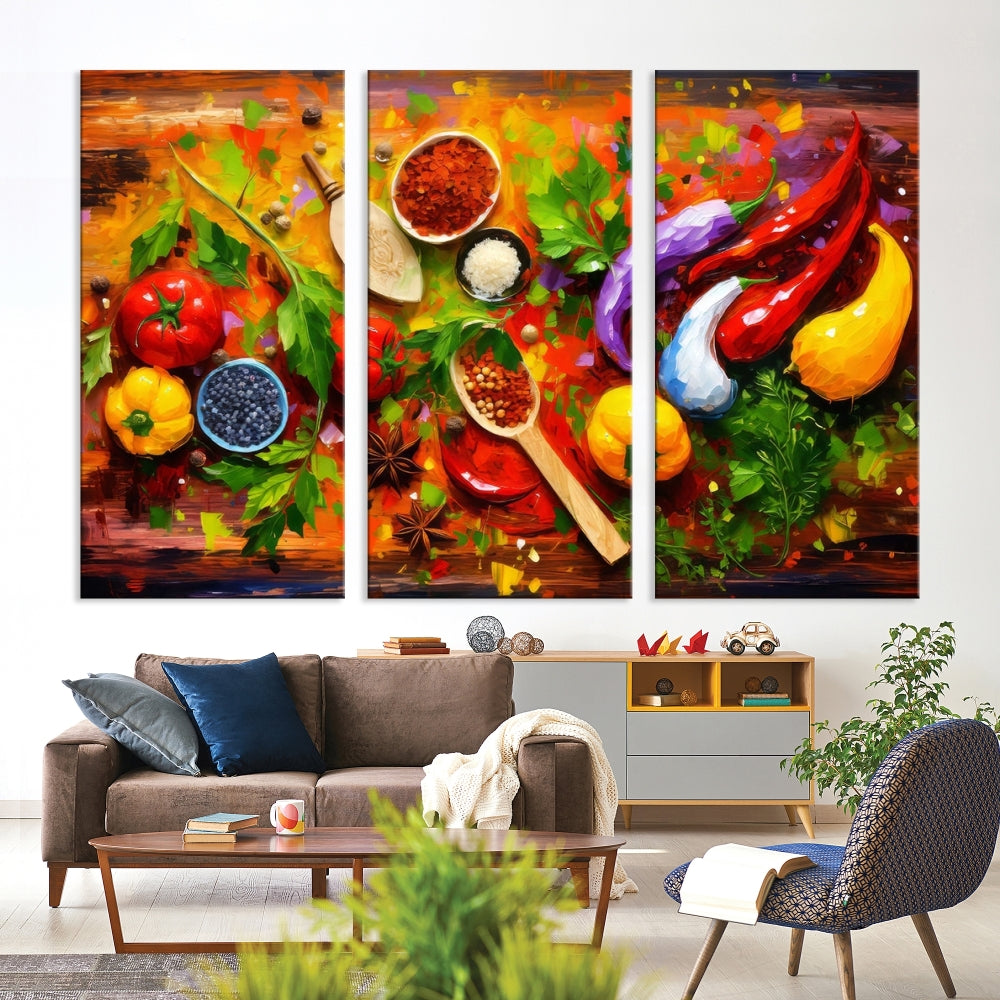 Modern Kitchen Wall Art Print, Colorful Fresh Vegetables Cooking Canvas Art, Restaurant Decor, Set of