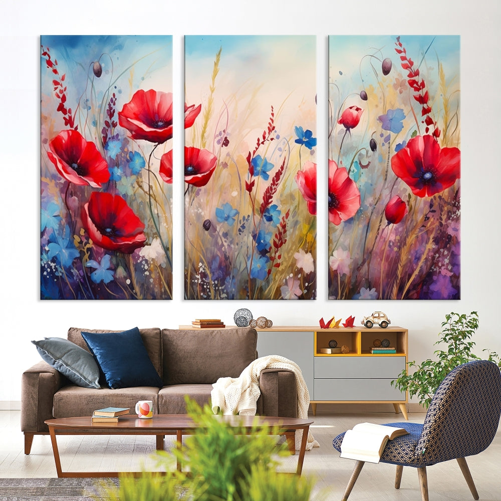 Colorful Wall Art Canvas Print Abstract Flowers Watercolor Red Blue Painting