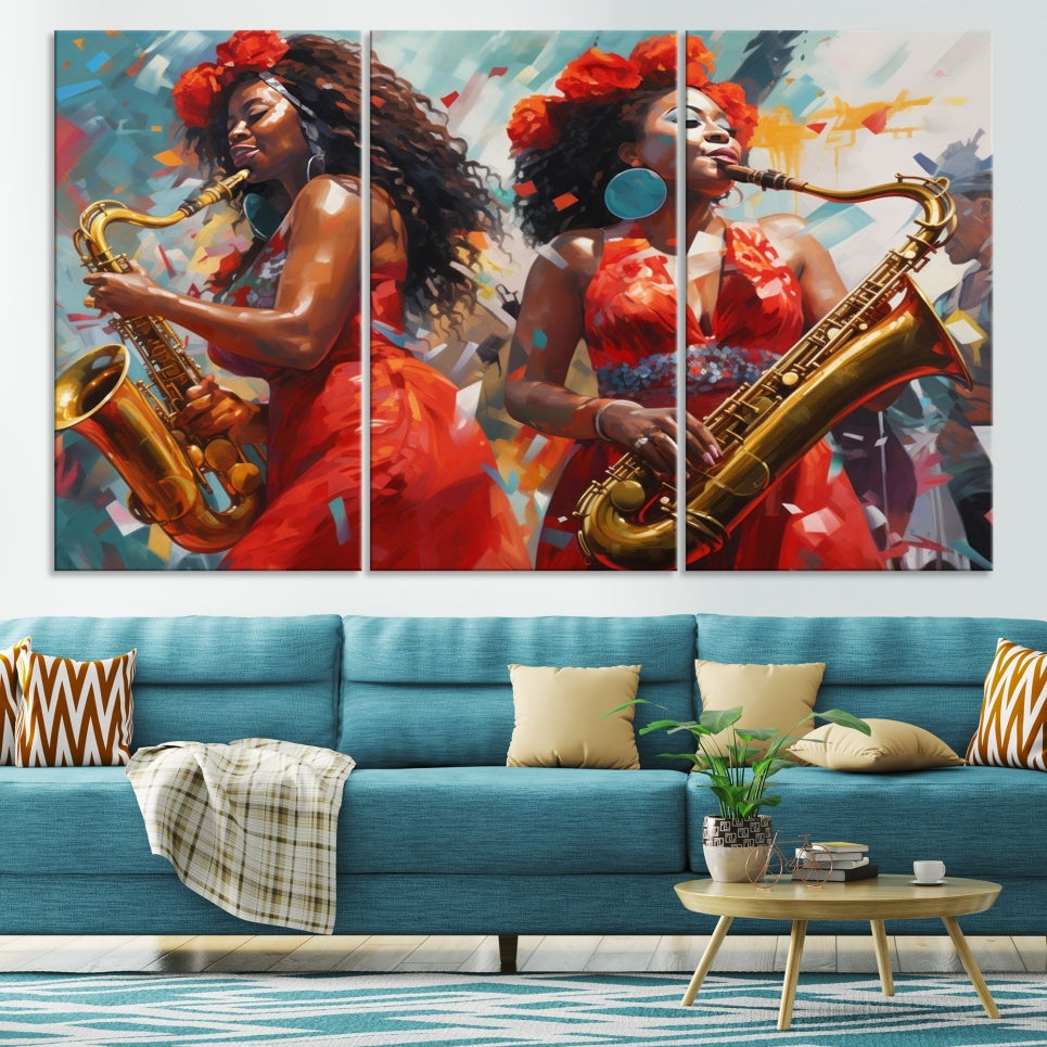 Saxophone Music Wall Art, Jazz Canvas Print, African American Woman Painting, Set of Print