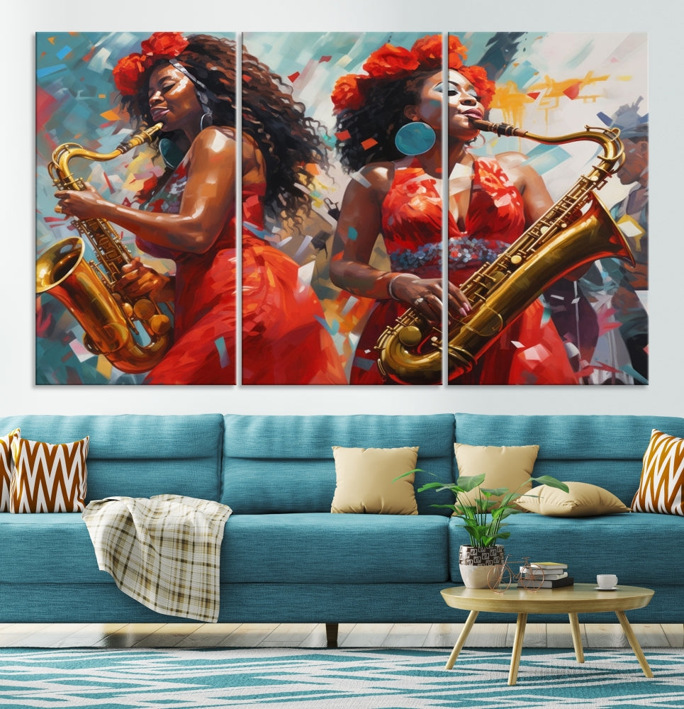 Saxophone Music Wall Art, Jazz Canvas Print, African American Woman Painting, Set of Print