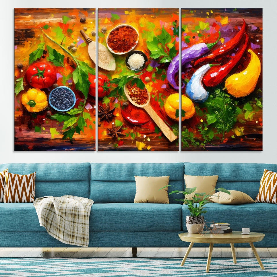 Modern Kitchen Wall Art Print, Colorful Fresh Vegetables Cooking Canvas Art, Restaurant Decor, Set of