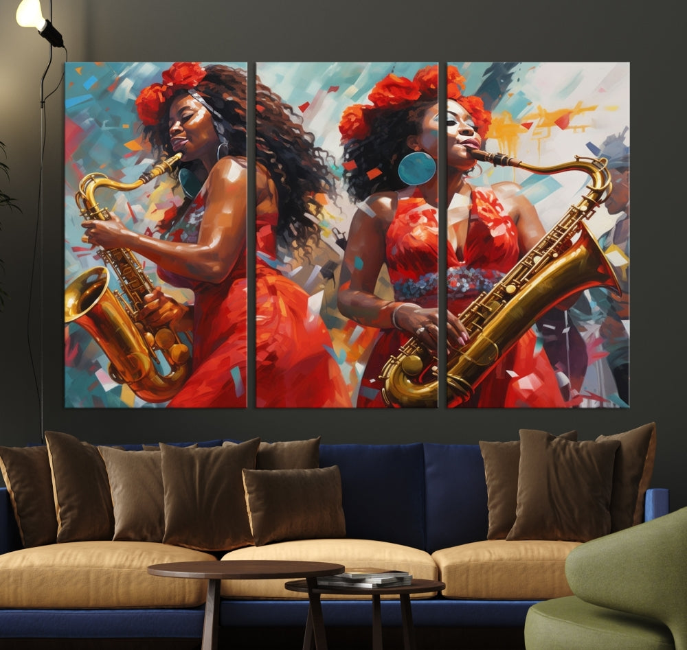 Saxophone Music Wall Art, Jazz Canvas Print, African American Woman Painting, Set of Print