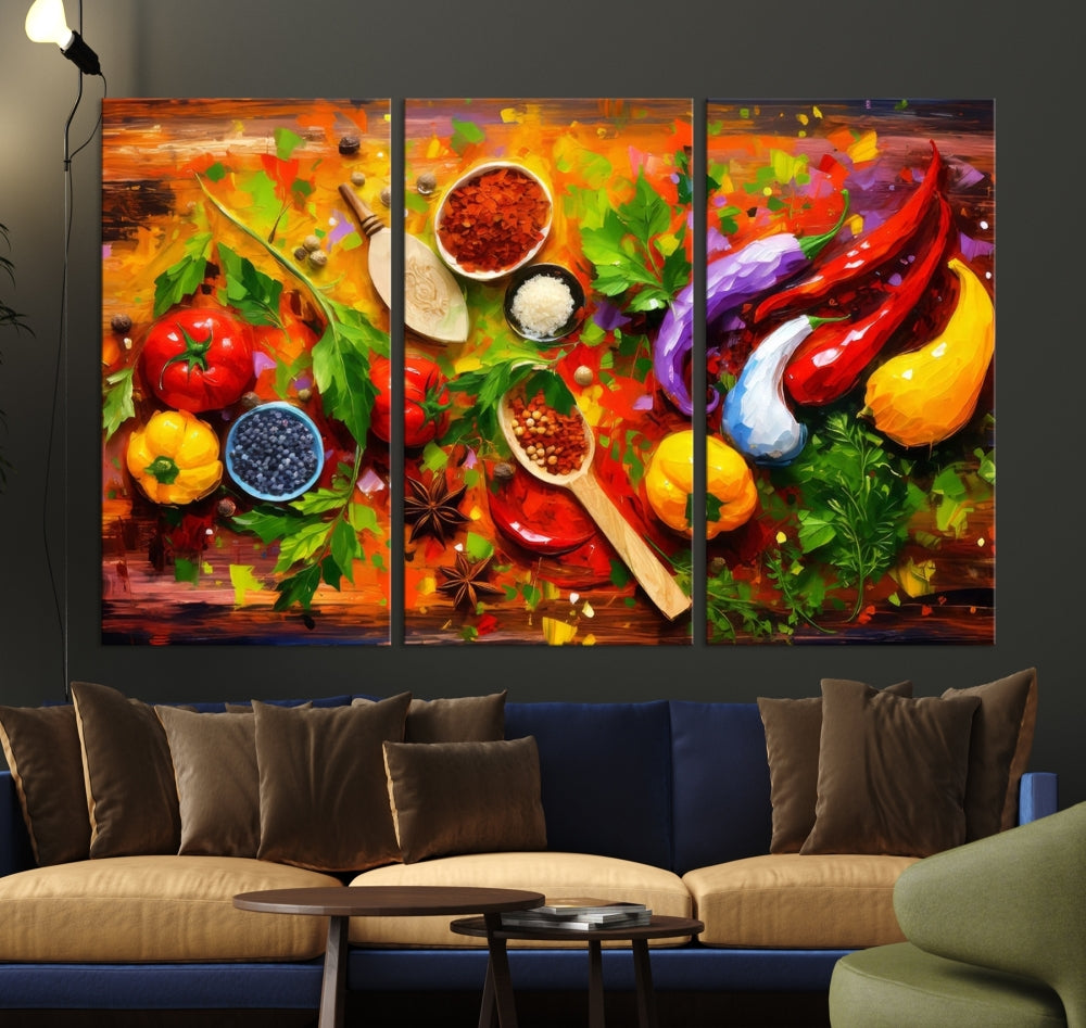 Modern Kitchen Wall Art Print, Colorful Fresh Vegetables Cooking Canvas Art, Restaurant Decor, Set of