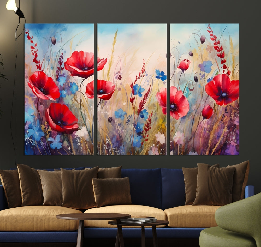 Colorful Wall Art Canvas Print Abstract Flowers Watercolor Red Blue Painting