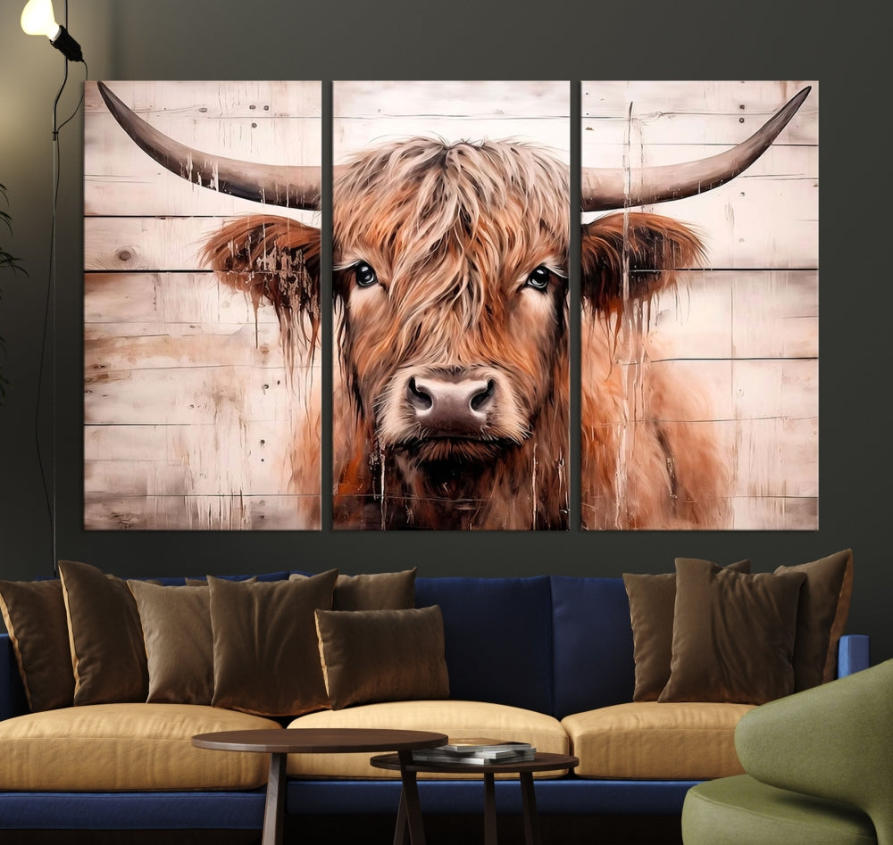 Vintage Highland Cow Wall Art Canvas Print Rustic Wood Background Printed Wall Decor