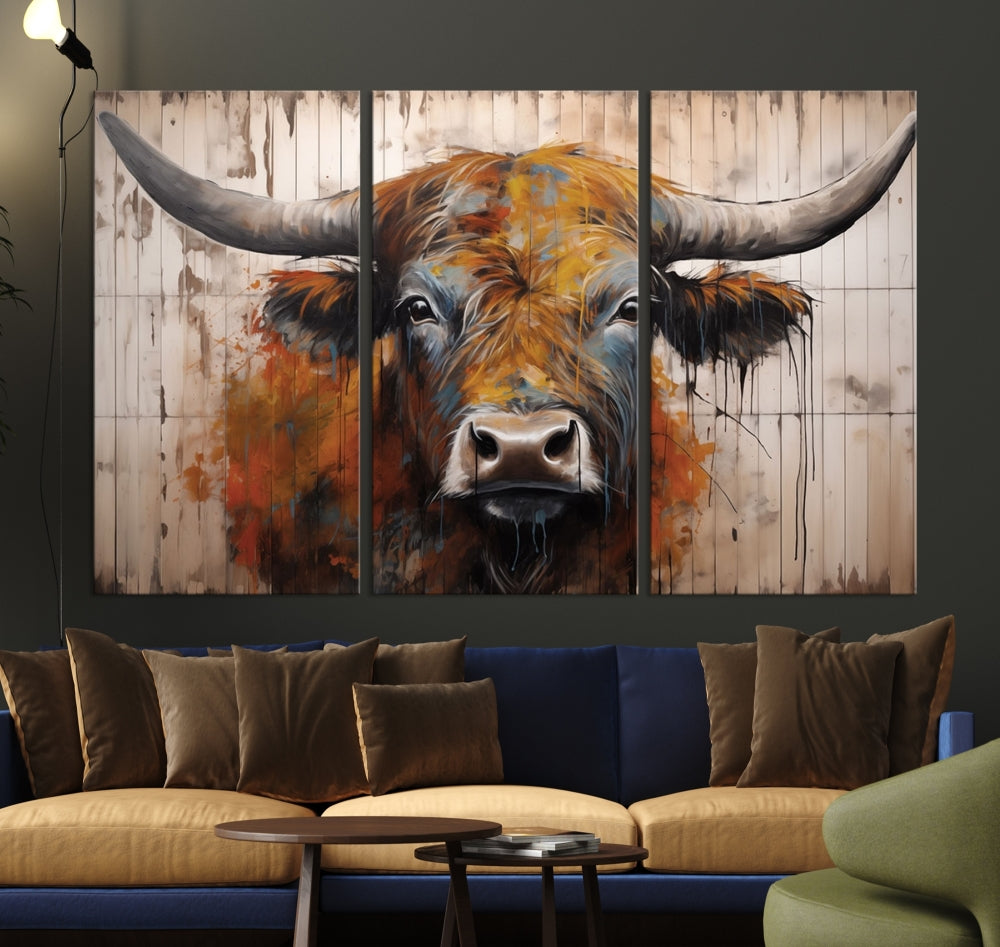 Highland Cow Retro Wall Art Canvas Print Cow Print Old Wall Background Farmhouse Decor