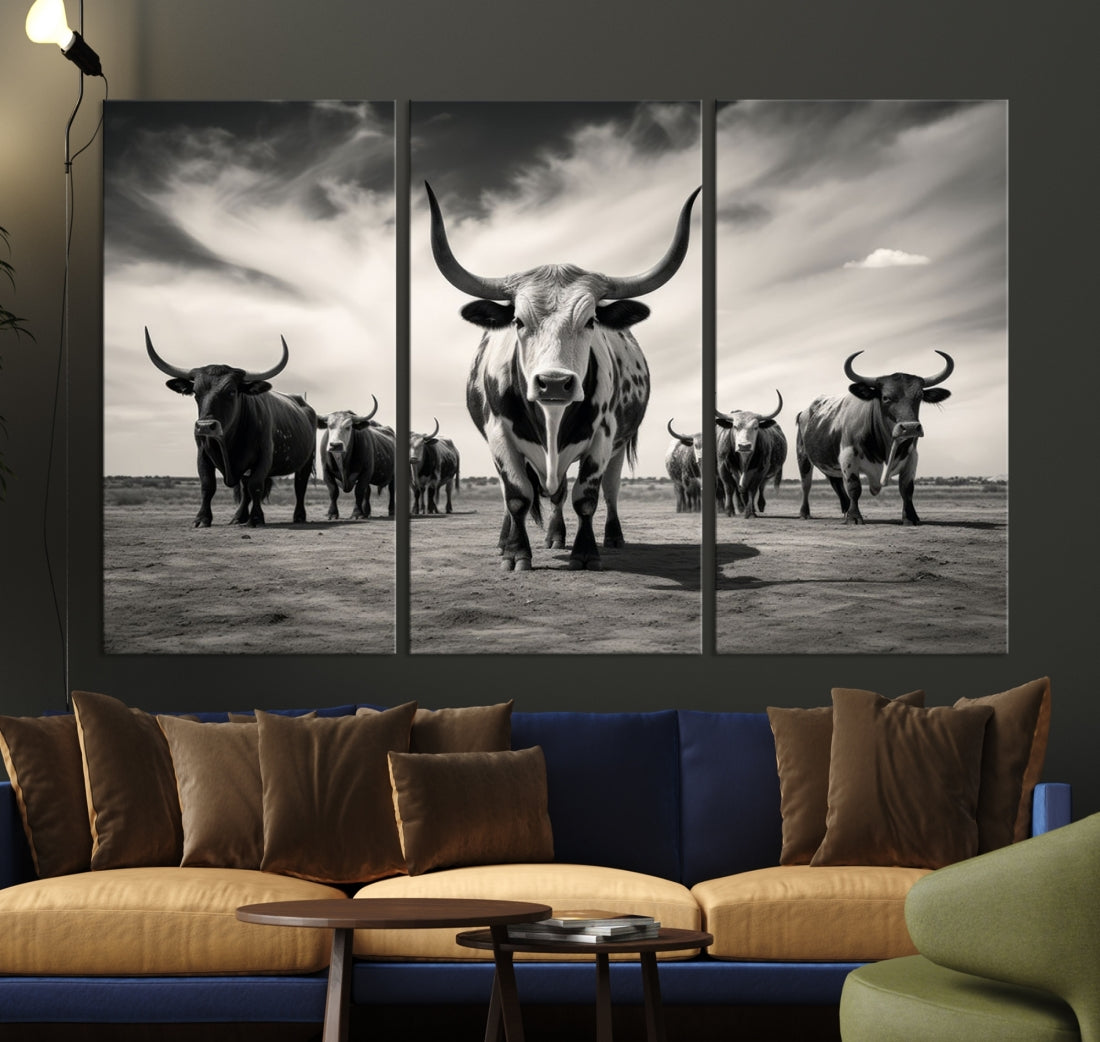 Texas Bighorn Cow Animal Wall Art Canvas Print, Longhorn Cow Large Wall Art