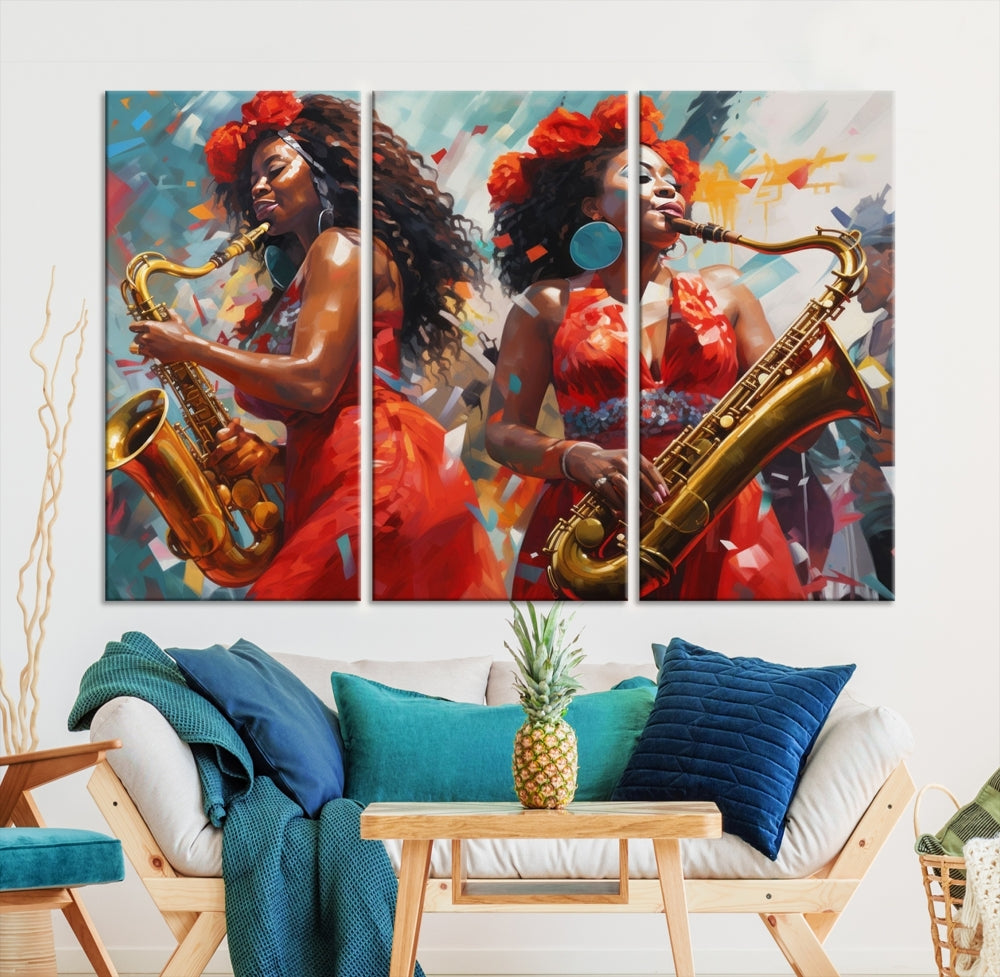 Saxophone Music Wall Art, Jazz Canvas Print, African American Woman Painting, Set of Print