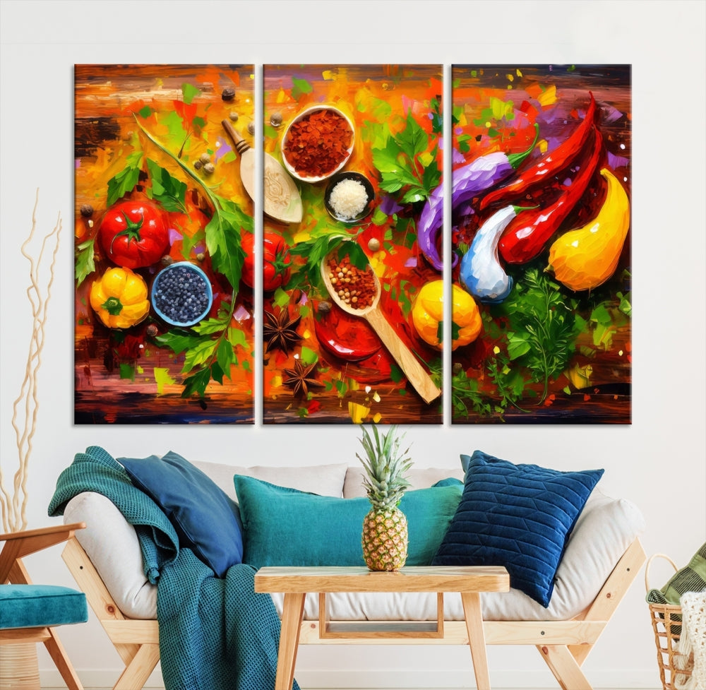 Modern Kitchen Wall Art Print, Colorful Fresh Vegetables Cooking Canvas Art, Restaurant Decor, Set of