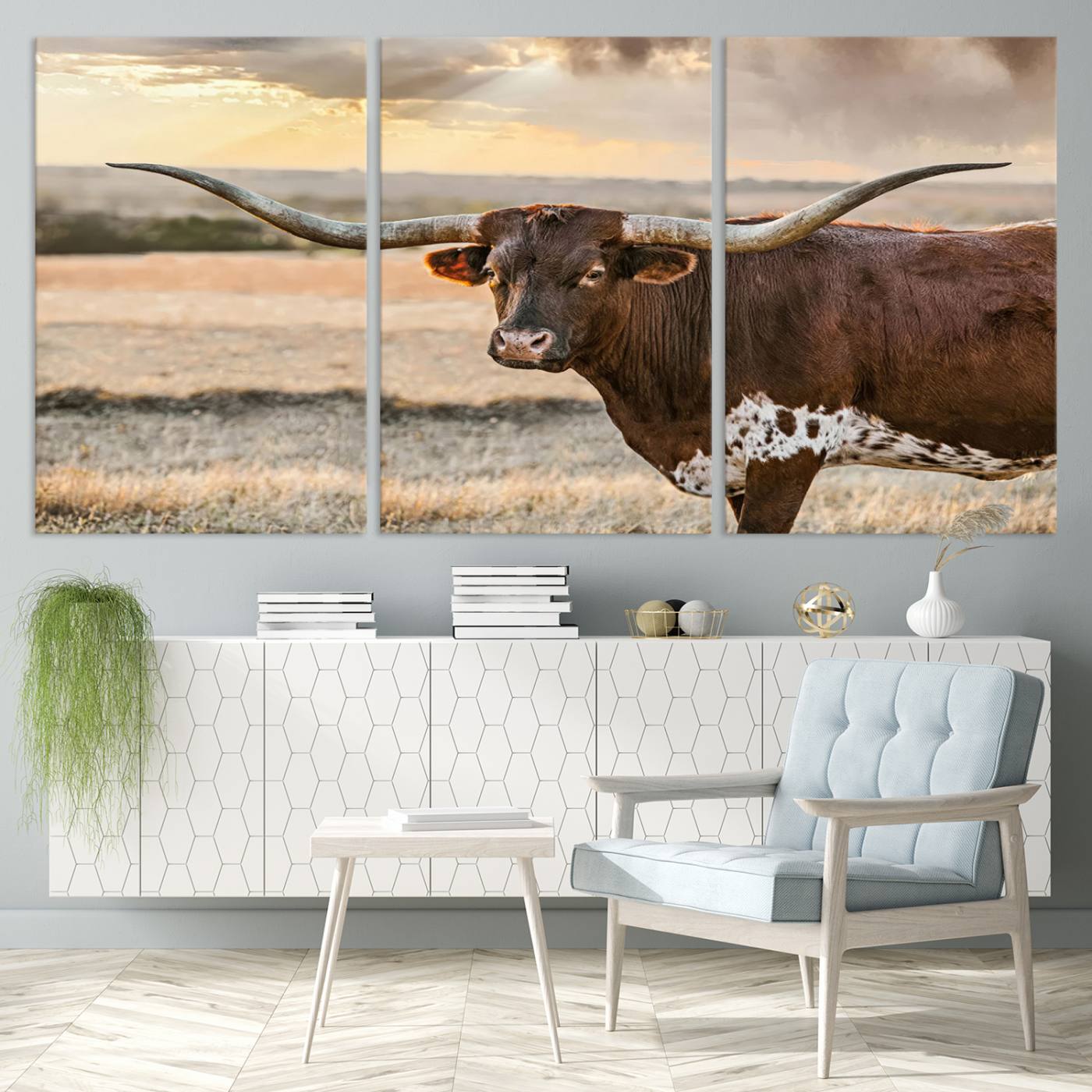 Bighorn Cow Texas Theme Decor Wall Art Canvas Print, Cattle Longhorn Wall Art Print