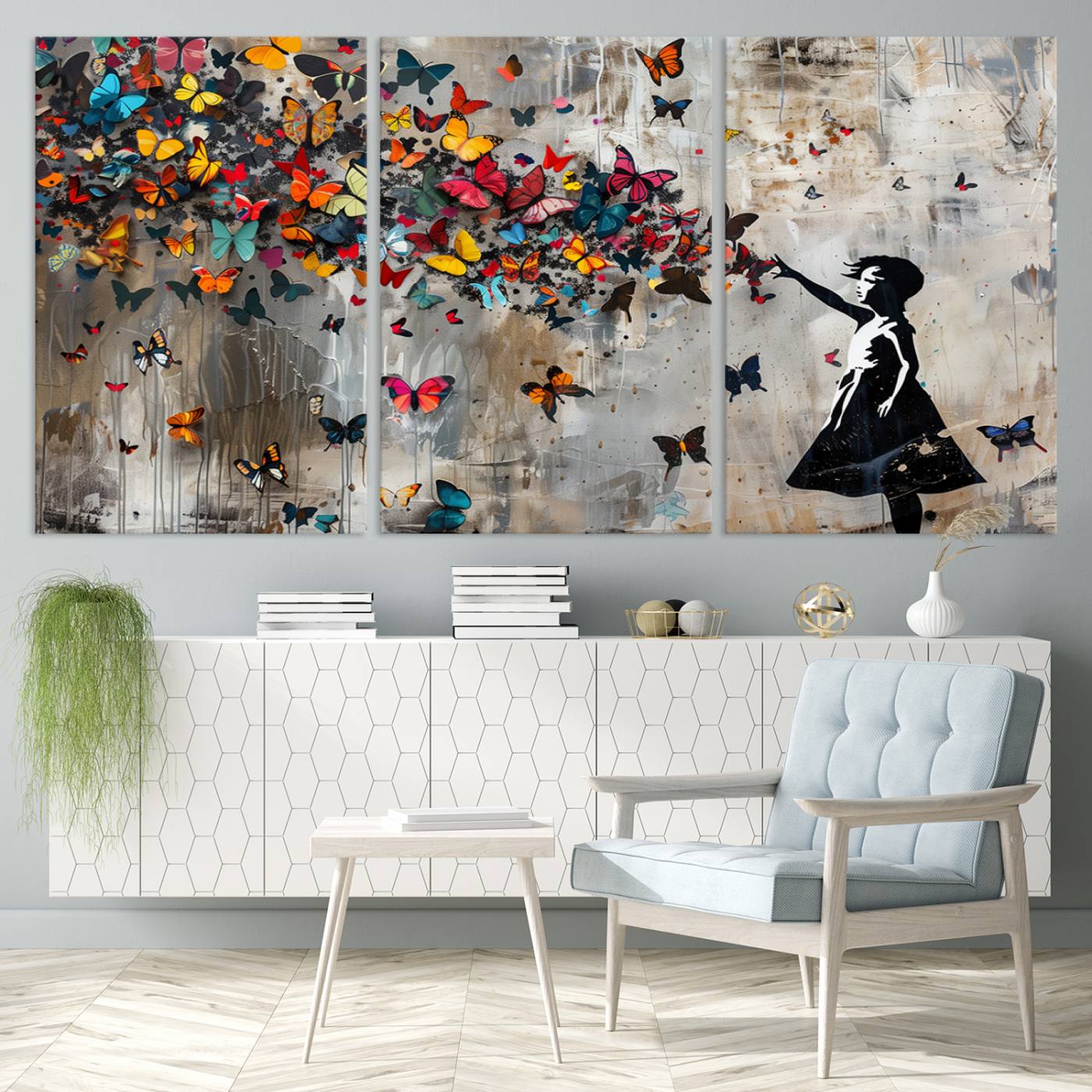 Banksy Style Girl and Butterfly on the Wall Art Canvas Print