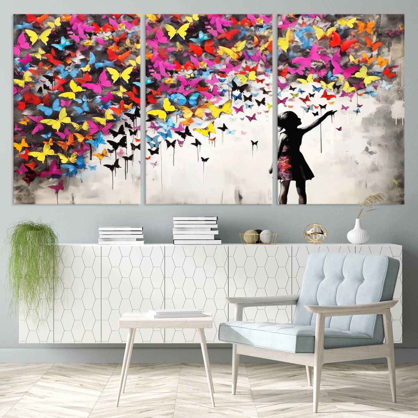 Banksy Style Girl and Butterfly Wall Art Canvas Print