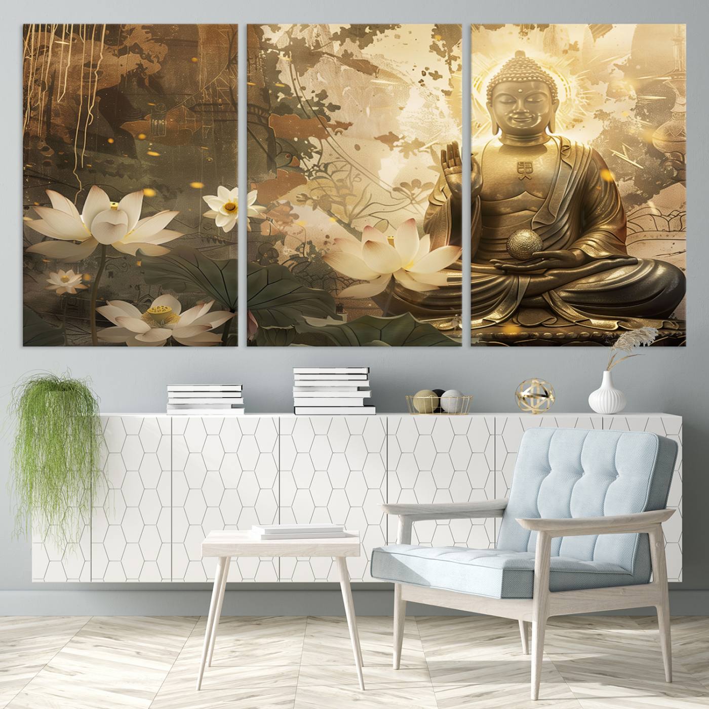 Buddha and Lotus Wall Art Canvas Print, Buddha Meditation Room Decor, Yoga Room Wall Art