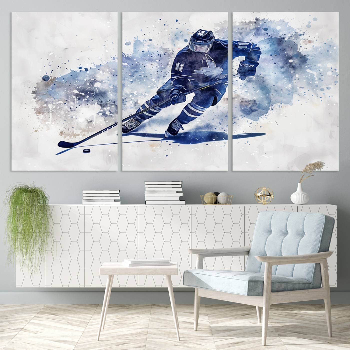 Abstract Watercolor Hockey Player Wall Art Canvas Print for Sport Room Decor