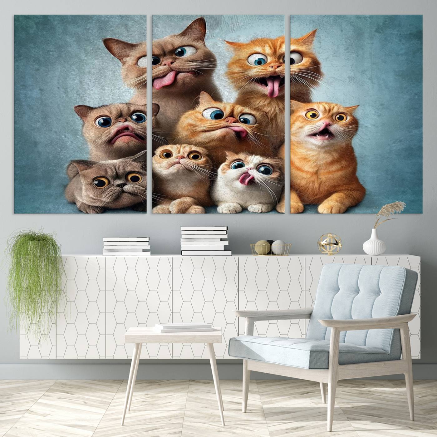 Fanny Cats Wall Art Canvas Print, Pixar Style Cat Wall Art Print, Comic Cartoon Cat Print