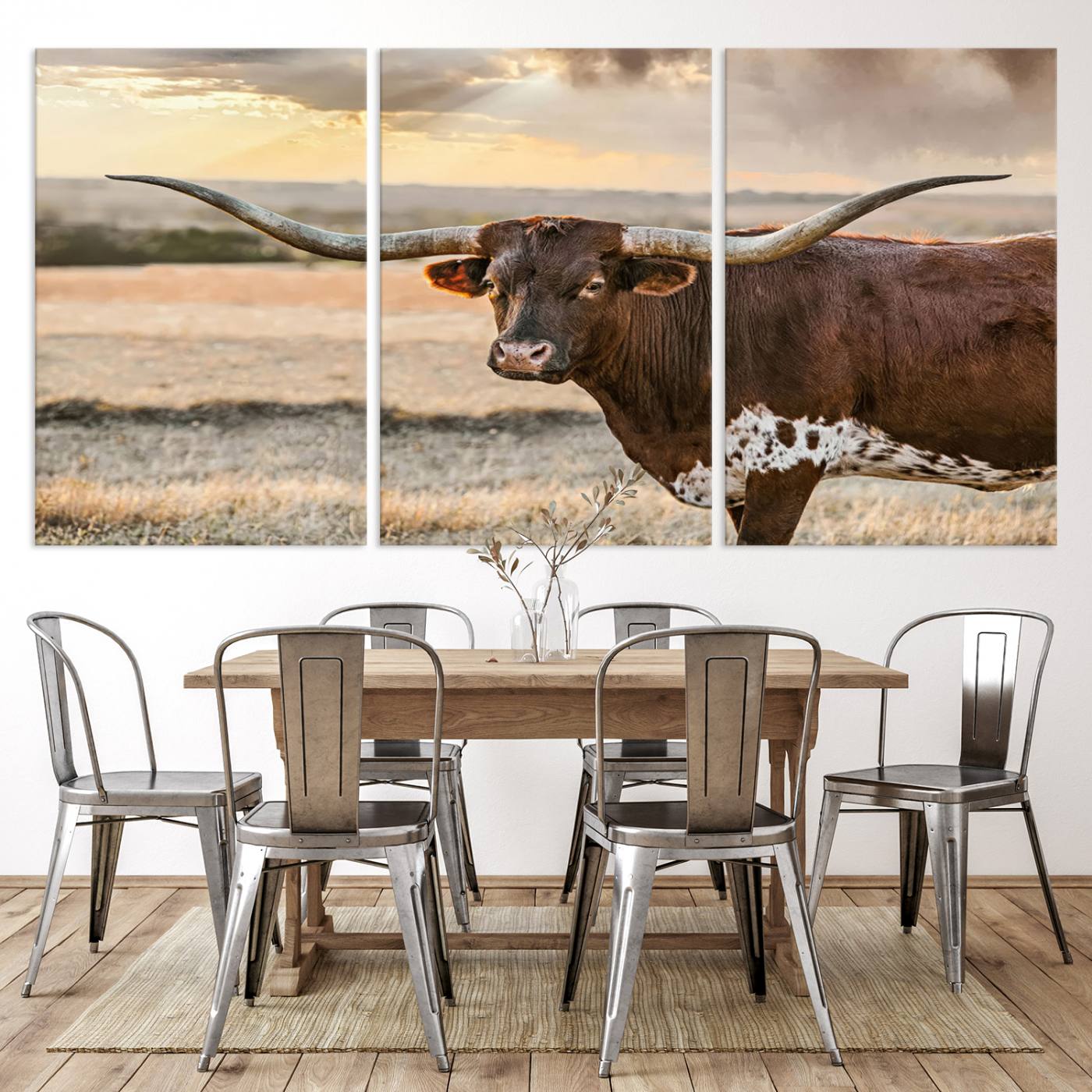 Bighorn Cow Texas Theme Decor Wall Art Canvas Print, Cattle Longhorn Wall Art Print