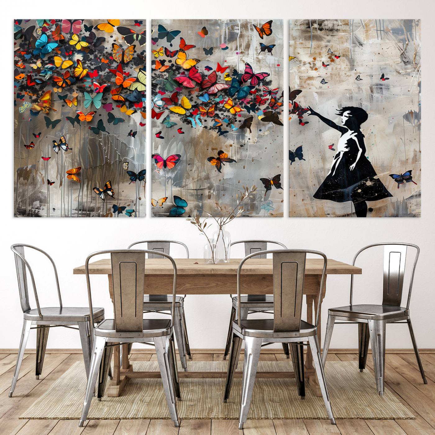 Banksy Style Girl and Butterfly on the Wall Art Canvas Print