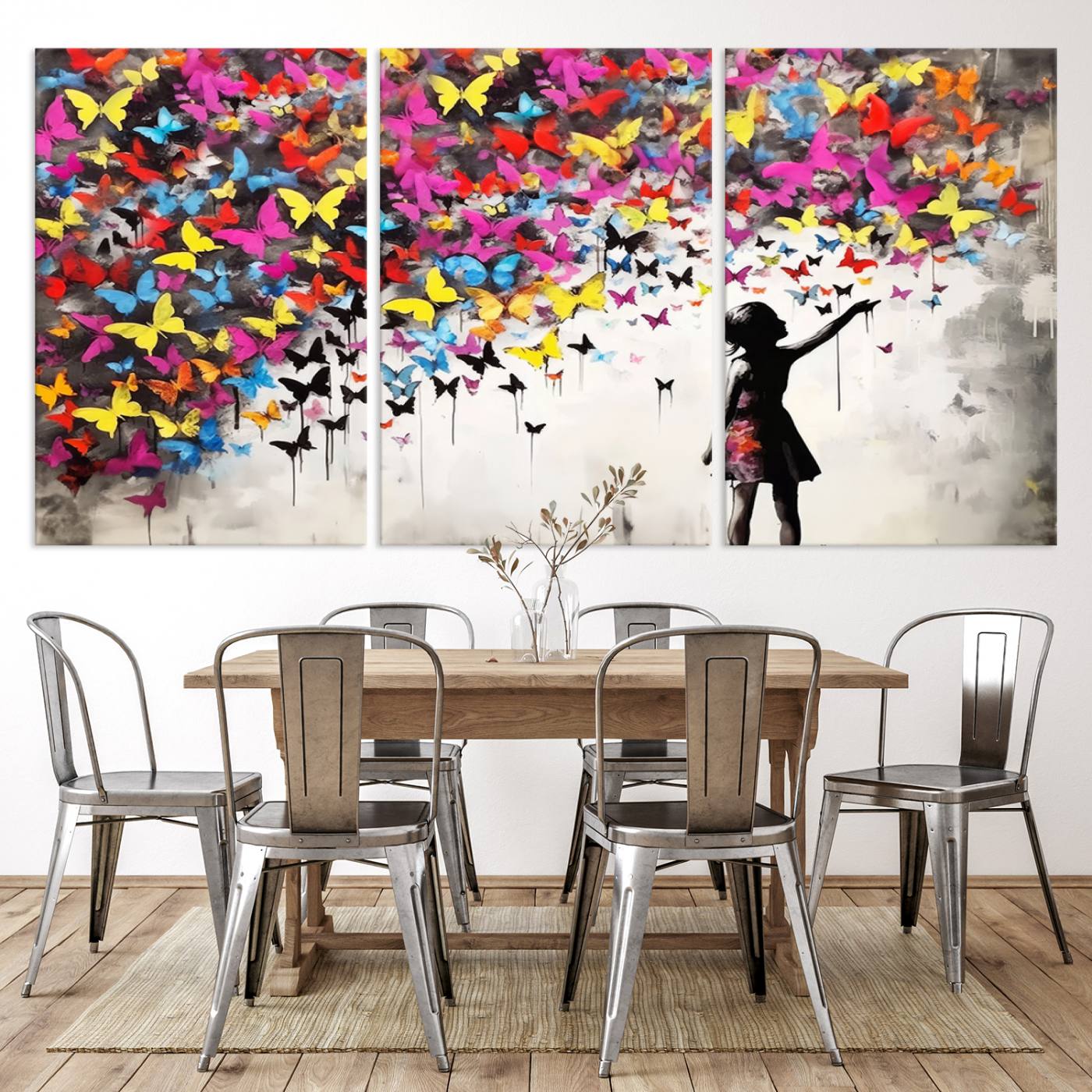 Banksy Style Girl and Butterfly Wall Art Canvas Print