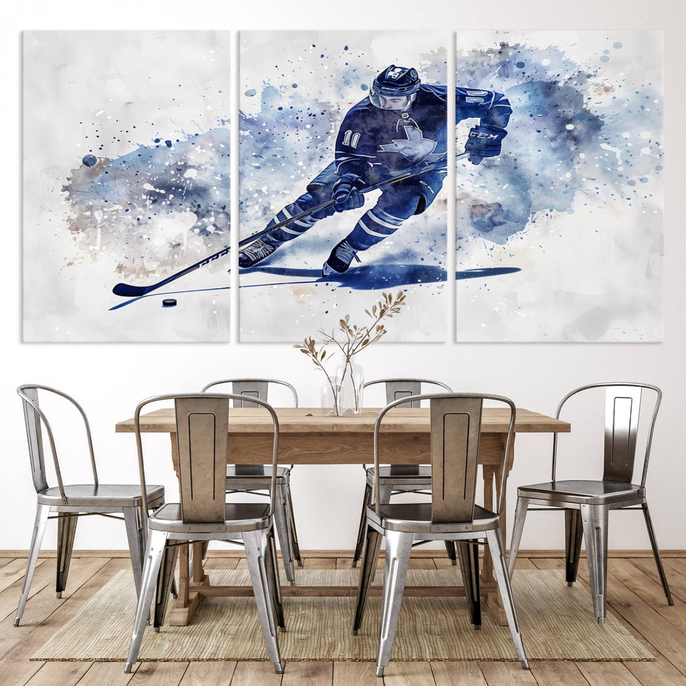 Abstract Watercolor Hockey Player Wall Art Canvas Print for Sport Room Decor