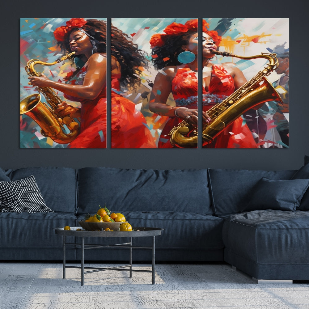 Saxophone Music Wall Art, Jazz Canvas Print, African American Woman Painting, Set of Print