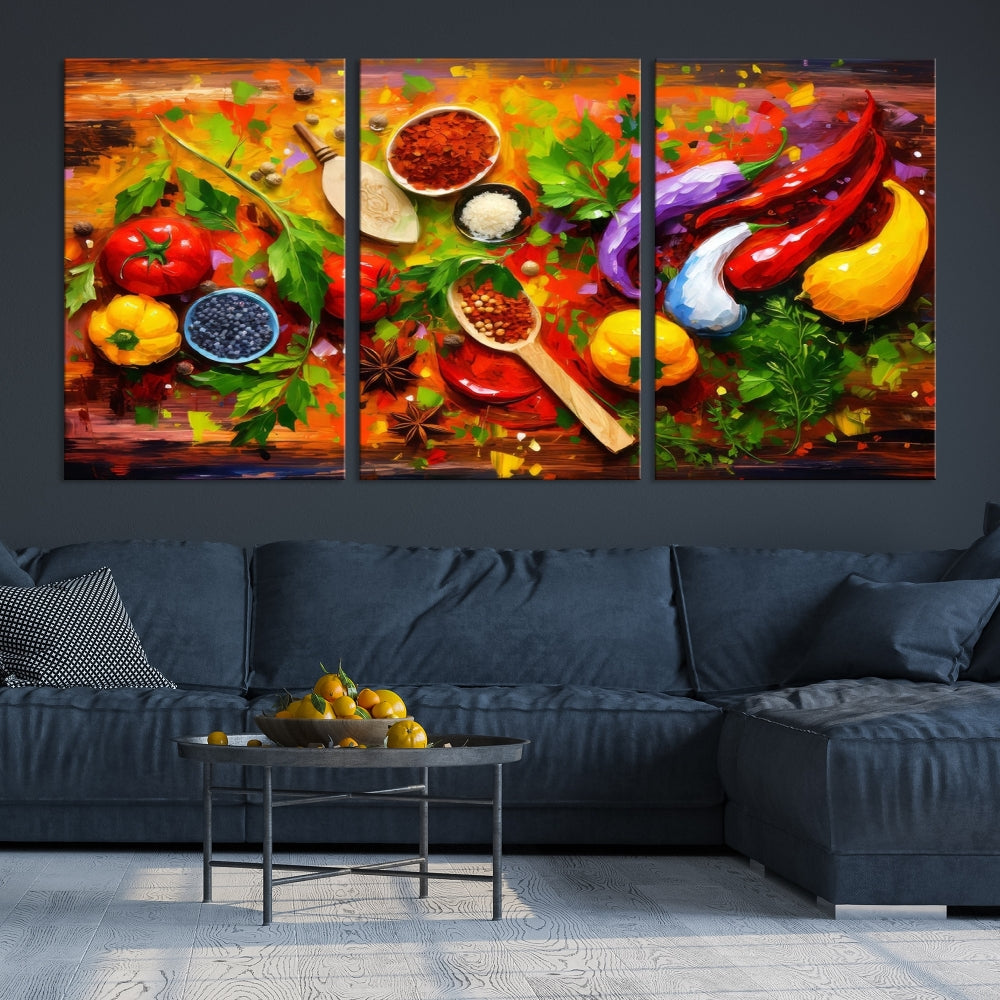 Modern Kitchen Wall Art Print, Colorful Fresh Vegetables Cooking Canvas Art, Restaurant Decor, Set of