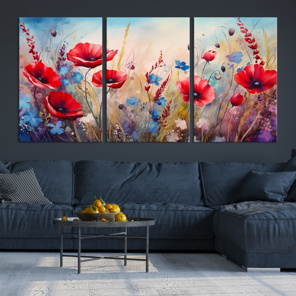 Colorful Wall Art Canvas Print Abstract Flowers Watercolor Red Blue Painting
