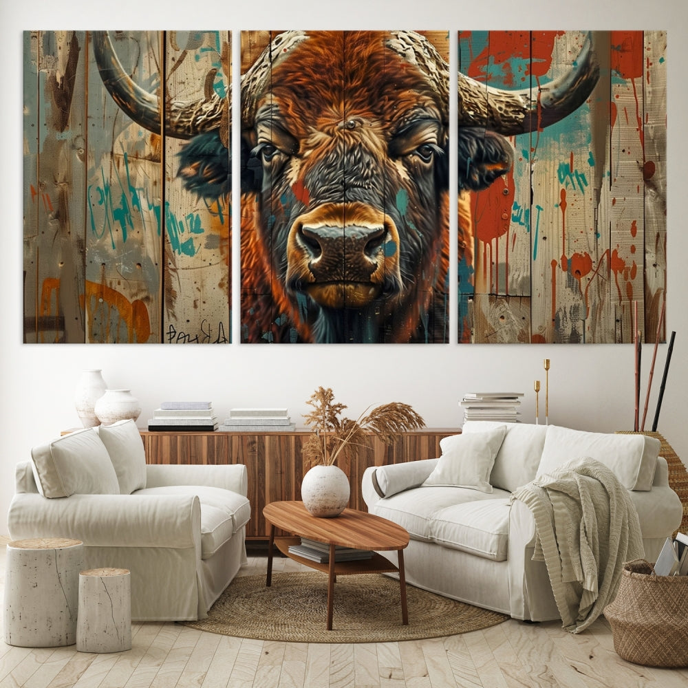 Vintage Buffalo Wall Decor Canvas Print Old Wood Background American Bison Wall Art