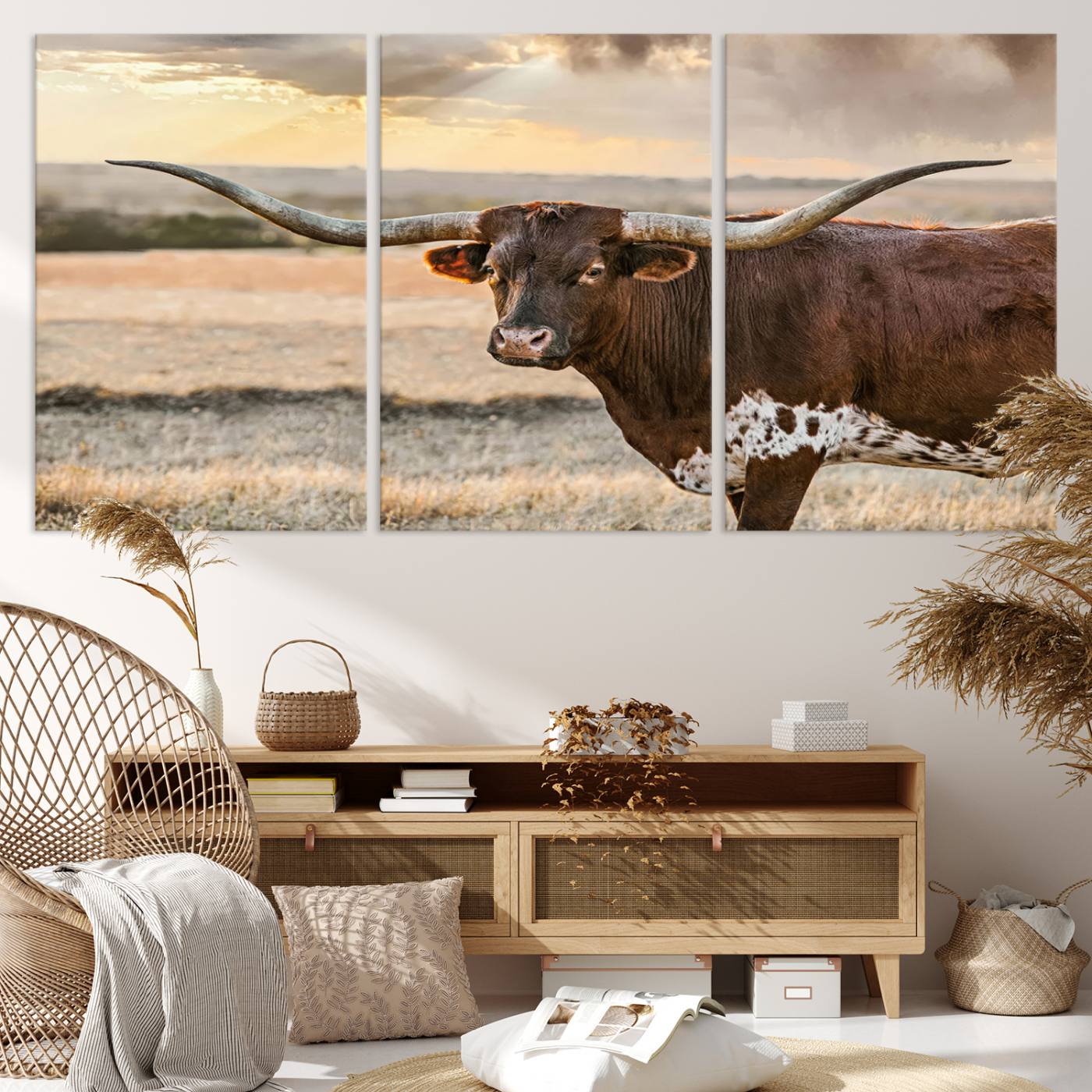 Bighorn Cow Texas Theme Decor Wall Art Canvas Print, Cattle Longhorn Wall Art Print