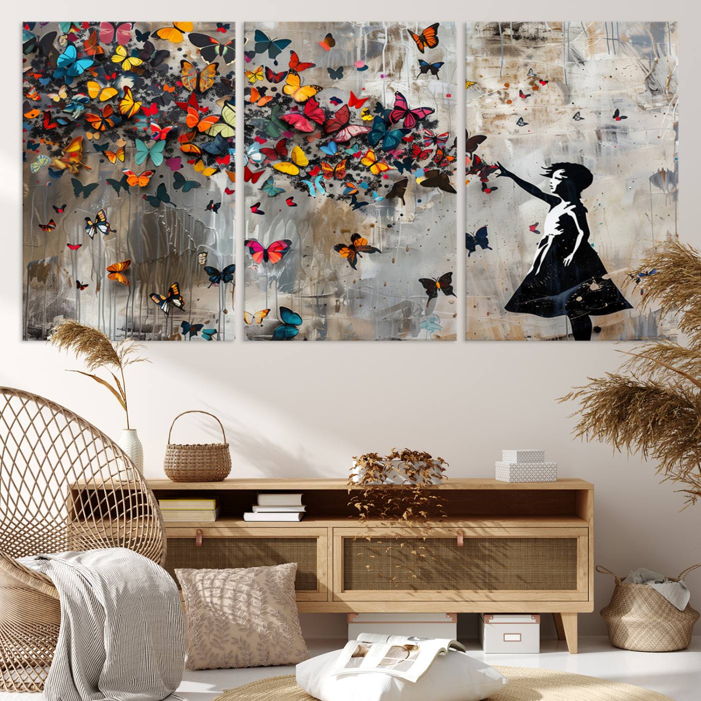 Banksy Style Girl and Butterfly on the Wall Art Canvas Print