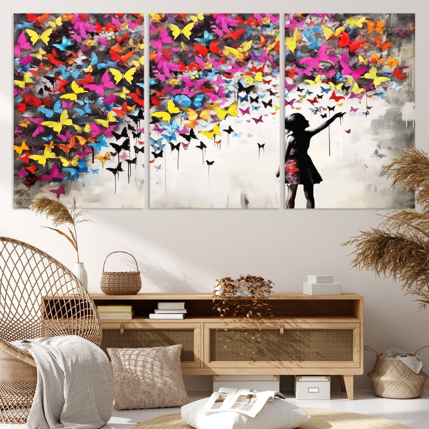 Banksy Style Girl and Butterfly Wall Art Canvas Print