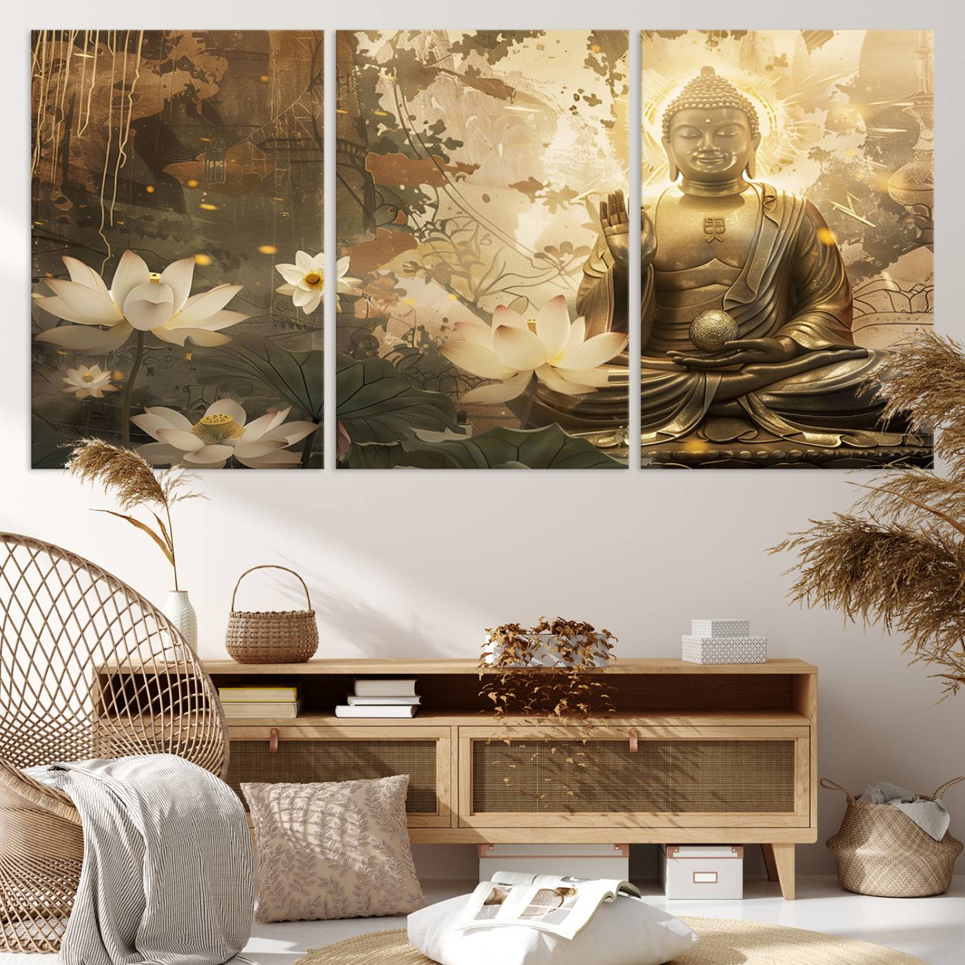 Buddha and Lotus Wall Art Canvas Print, Buddha Meditation Room Decor, Yoga Room Wall Art