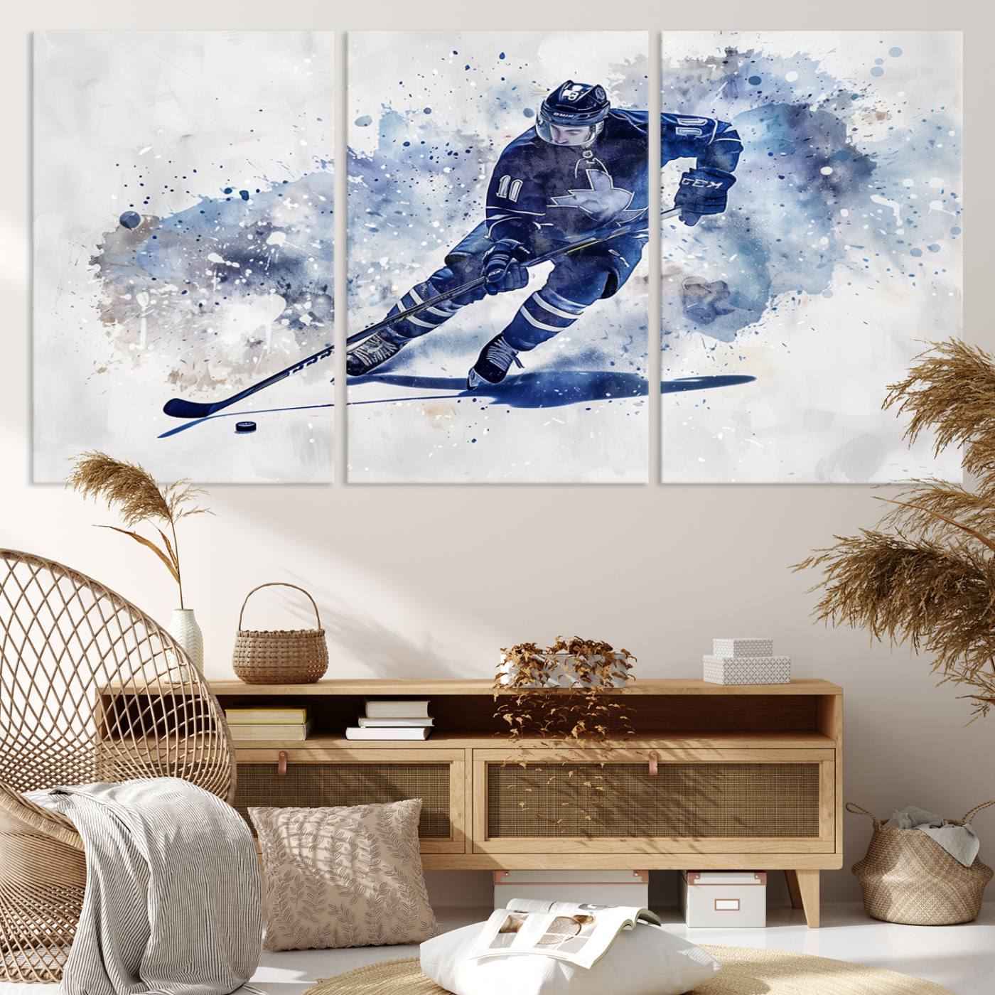 Abstract Watercolor Hockey Player Wall Art Canvas Print for Sport Room Decor