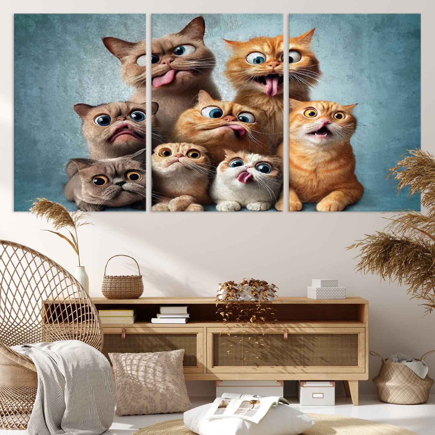 Fanny Cats Wall Art Canvas Print, Pixar Style Cat Wall Art Print, Comic Cartoon Cat Print