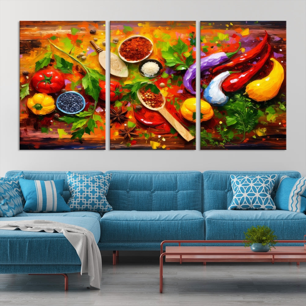 Modern Kitchen Wall Art Print, Colorful Fresh Vegetables Cooking Canvas Art, Restaurant Decor, Set of