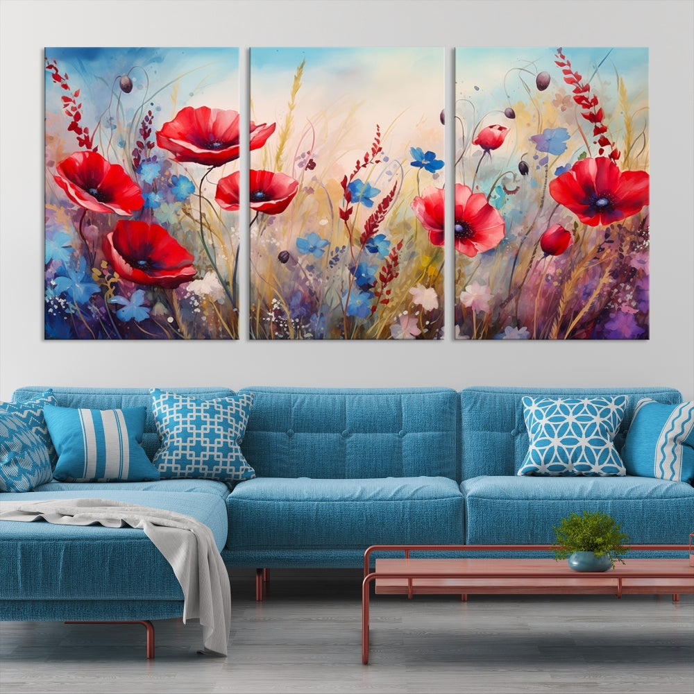 Colorful Wall Art Canvas Print Abstract Flowers Watercolor Red Blue Painting