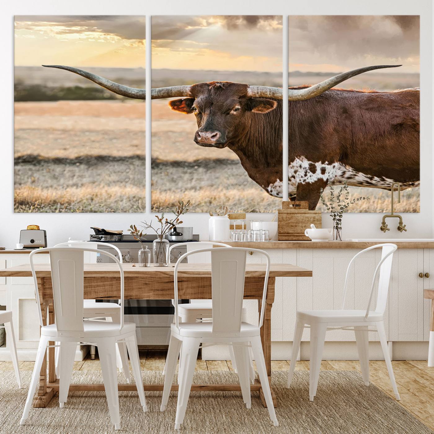 Bighorn Cow Texas Theme Decor Wall Art Canvas Print, Cattle Longhorn Wall Art Print