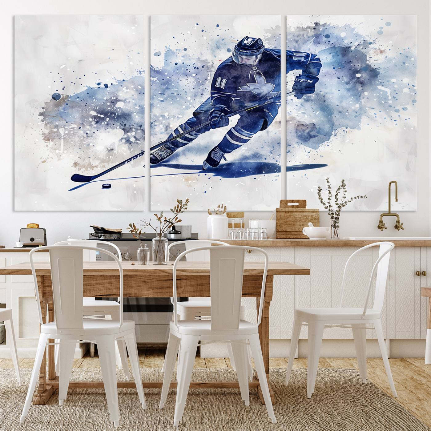 Abstract Watercolor Hockey Player Wall Art Canvas Print for Sport Room Decor