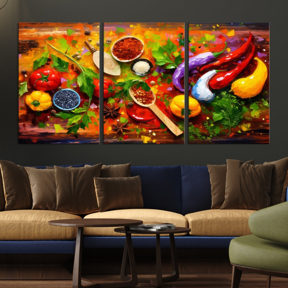 Modern Kitchen Wall Art Print, Colorful Fresh Vegetables Cooking Canvas Art, Restaurant Decor, Set of