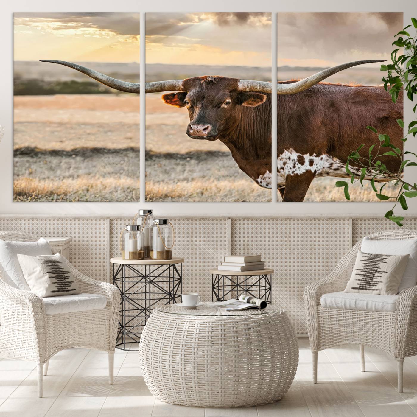 Bighorn Cow Texas Theme Decor Wall Art Canvas Print, Cattle Longhorn Wall Art Print