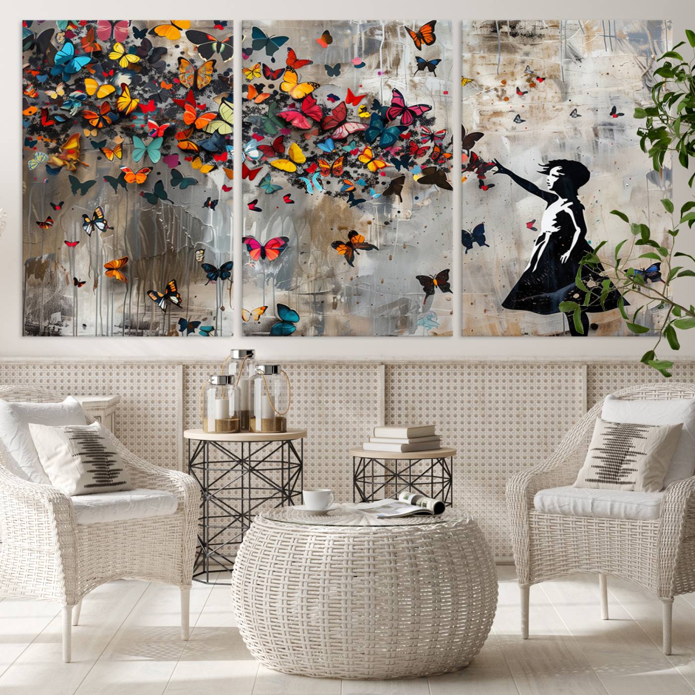 Banksy Style Girl and Butterfly on the Wall Art Canvas Print