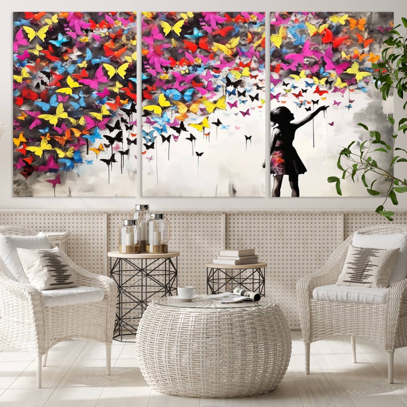 Banksy Style Girl and Butterfly Wall Art Canvas Print