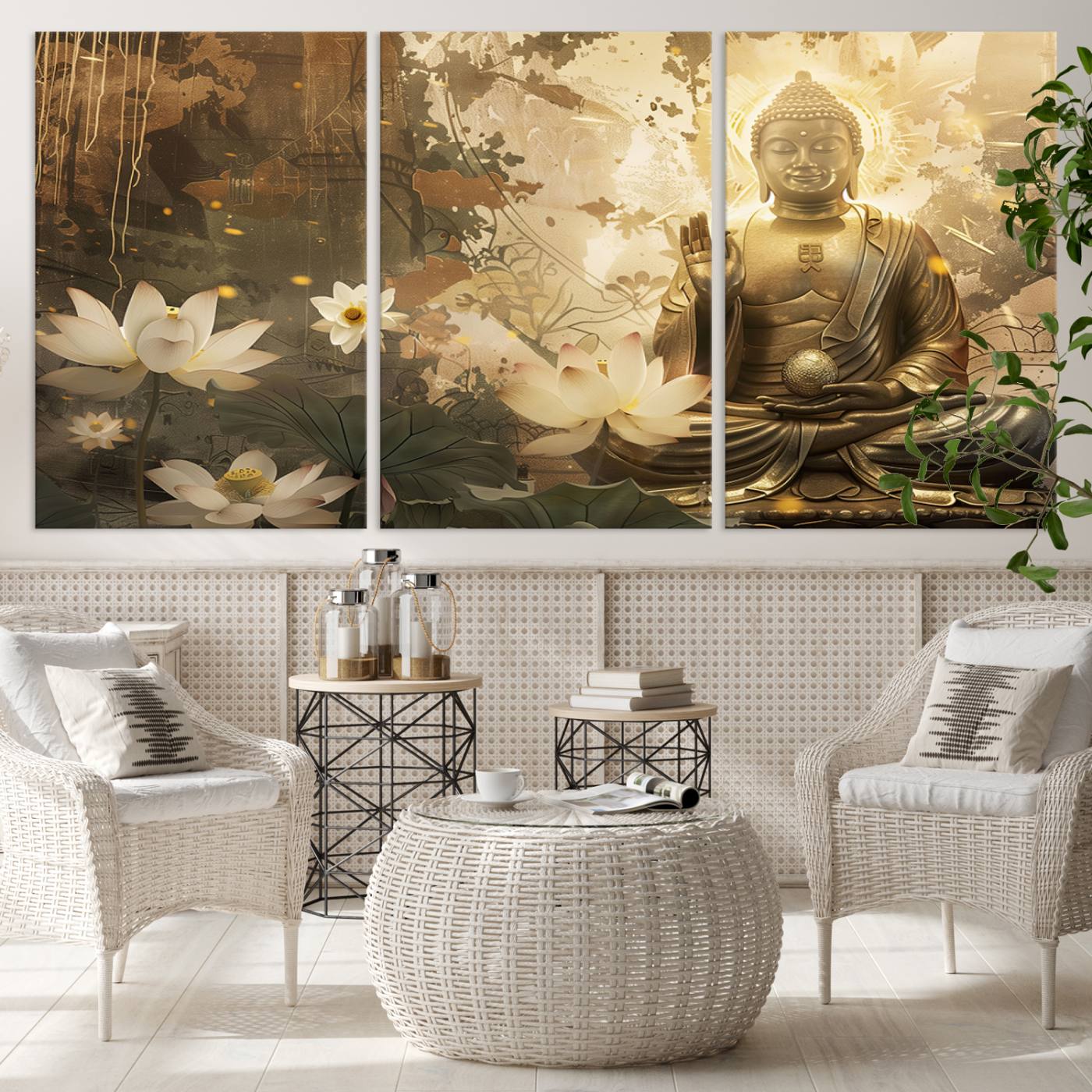 Buddha and Lotus Wall Art Canvas Print, Buddha Meditation Room Decor, Yoga Room Wall Art