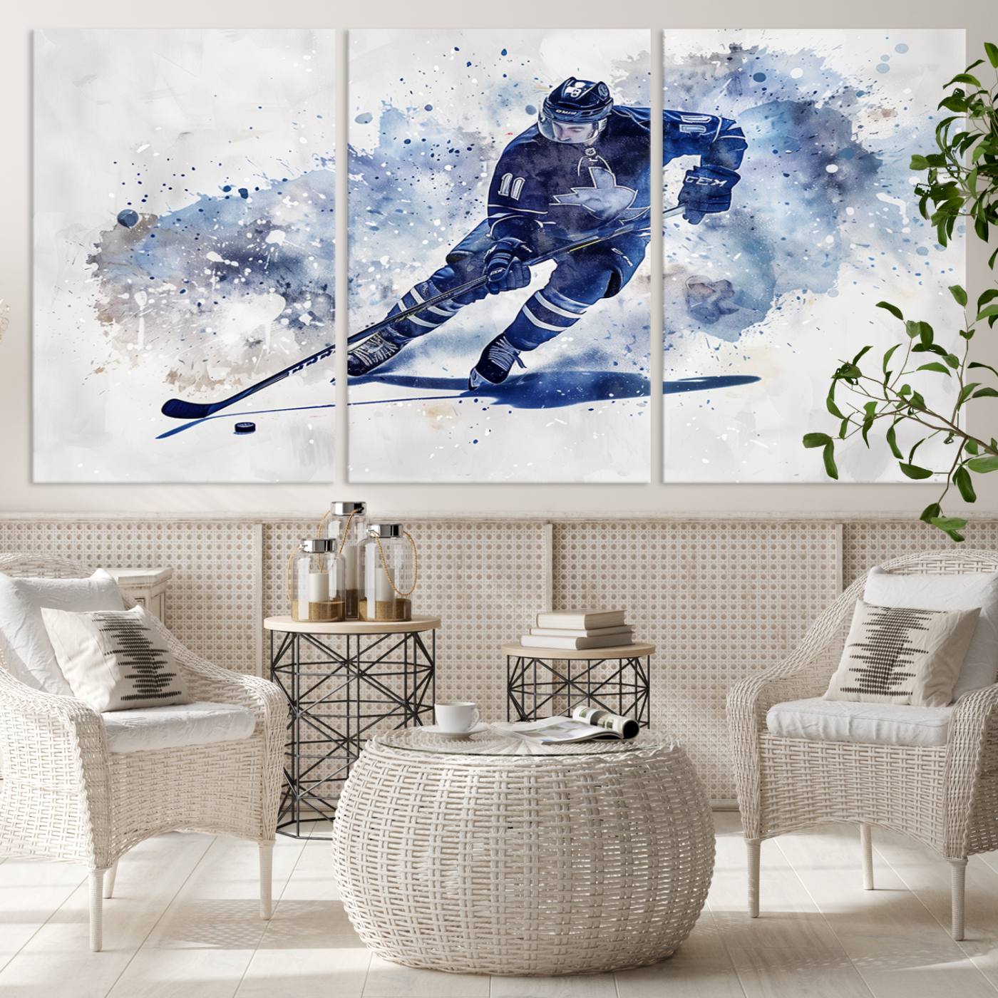 Abstract Watercolor Hockey Player Wall Art Canvas Print for Sport Room Decor