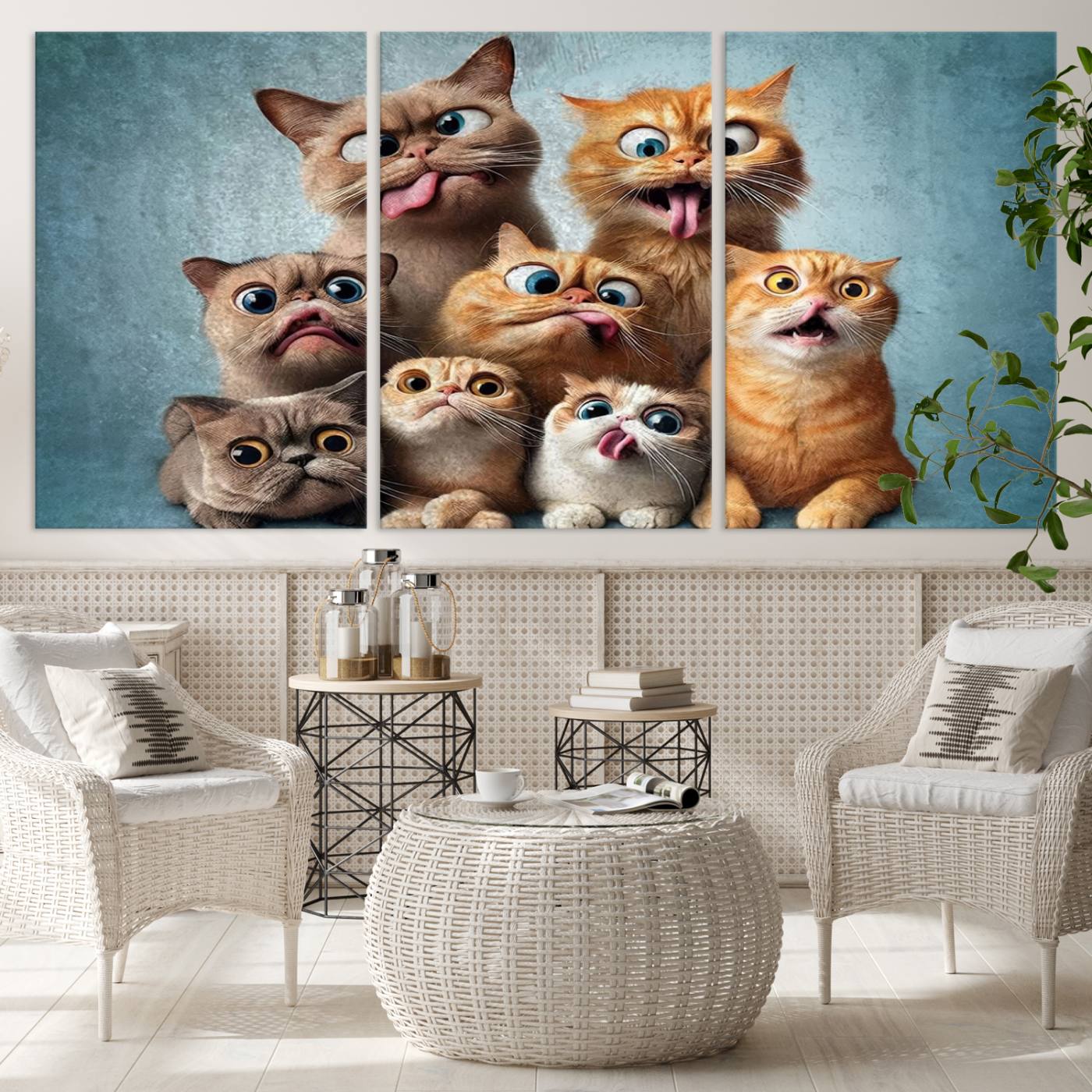 Fanny Cats Wall Art Canvas Print, Pixar Style Cat Wall Art Print, Comic Cartoon Cat Print